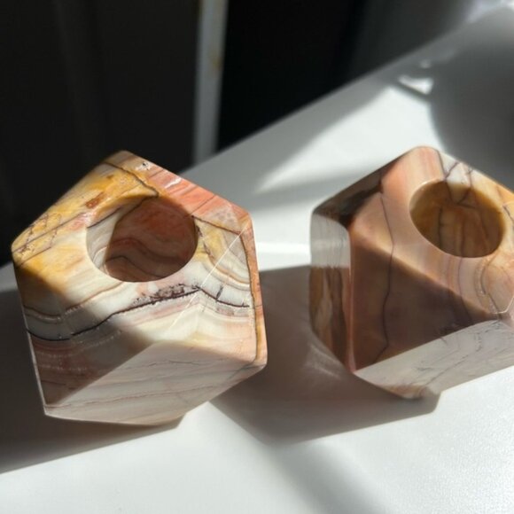 Geometric Marble Candle Holders - Tan and Brown x2 circa 1970 😃 - Picture 3 of 10